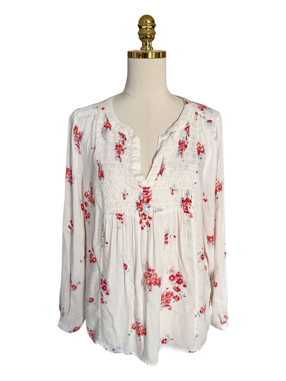 Lucky Brand Ivory Floral V-Neck Long Sleeve Smocked Peasant Boho Blouse Women XL